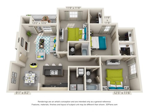 Floor plan for 3 beds, 2 baths, 1146 sqft